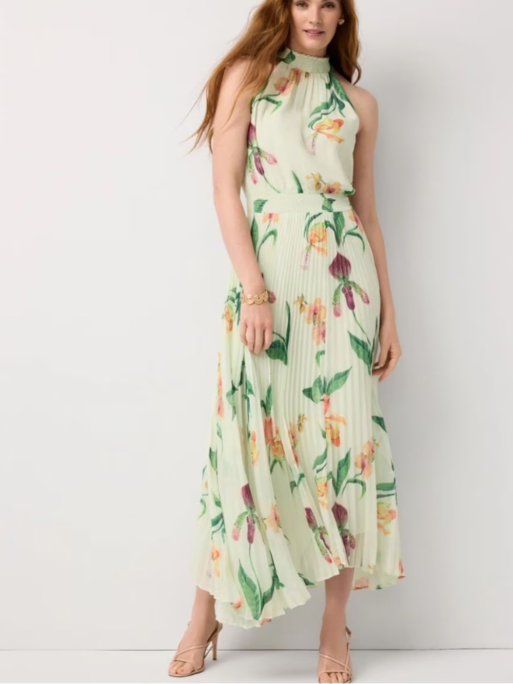 White House Black Market Mint green Floral Halter Pleated Maxi Dress Sz 12 New
